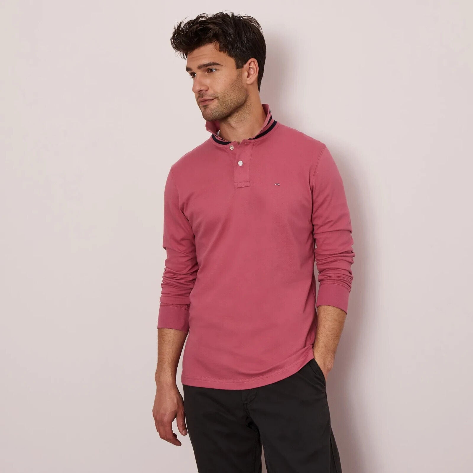 Men's pink long clearance sleeve polo shirt