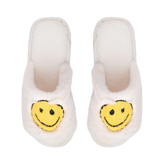 Cream Plush Smiley Open Toe Slippers