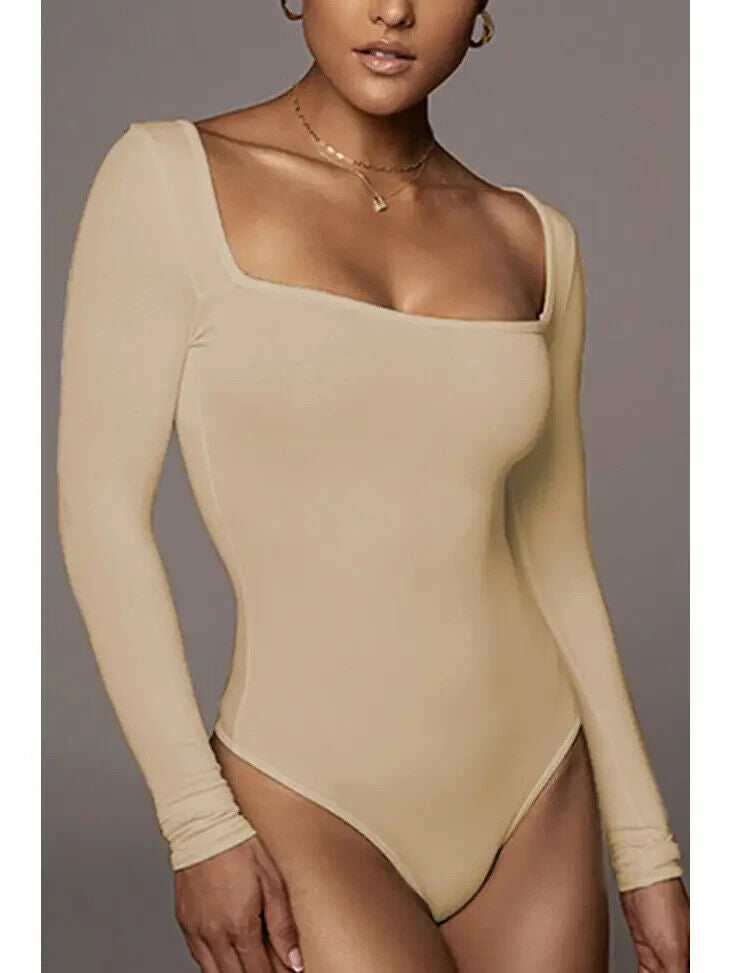 Nude Sexy Deep Square Neck Long Sleeve Body Suit